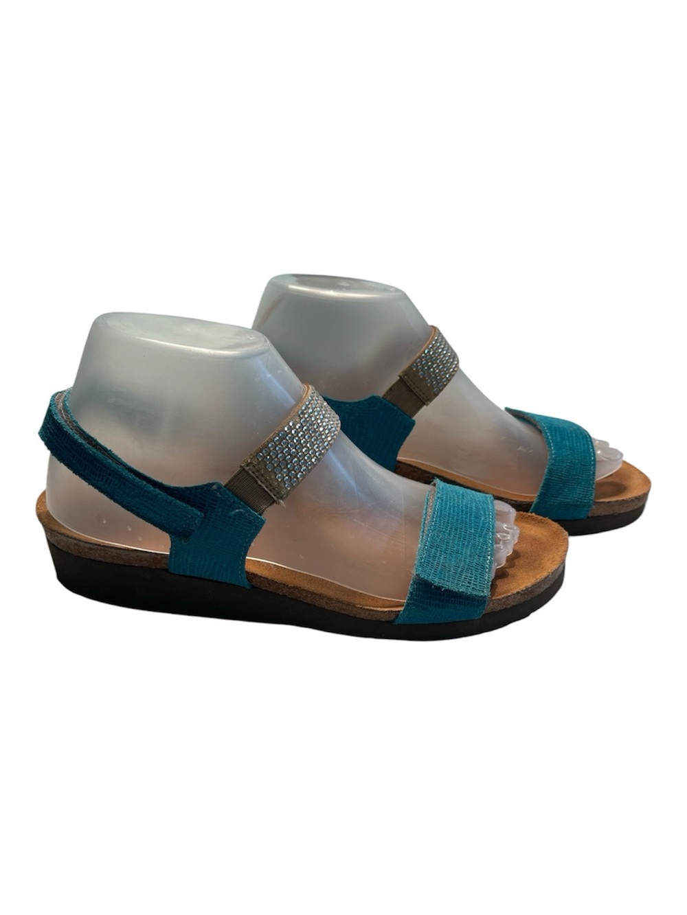 Naot Teal Strappy Comfort Sandals with Rhinestone Ankle Strap